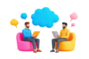Two men engaging in a conversation while seated on colorful chairs, each using a laptop, with speech bubbles above them. png