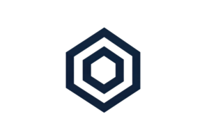 Abstract geometric logo design featuring a dark blue hexagon shape with layered concentric patterns, symbolizing modern technology innovation. png