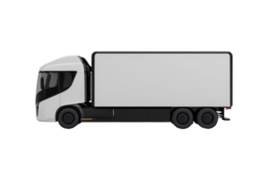 A sleek, modern truck with a streamlined cab and a large cargo box designed for efficient transportation. png