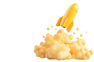 A vibrant yellow rocket launches against a cloud of soft, fluffy smoke, creating a dynamic sense of motion. png