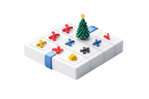 A colorful tic-tac-toe game featuring festive symbols, including a small Christmas tree, set on a white board. png