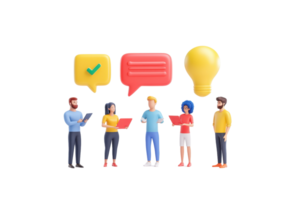 A group of diverse individuals engaged in conversation, with speech bubbles and a light bulb, representing communication and collaboration. png