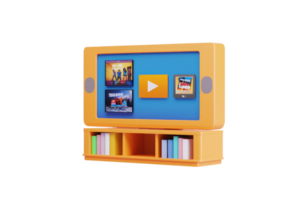 A colorful multimedia console featuring a screen with playback options and shelves displaying books and media. png