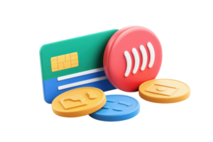 A colorful assortment of payment methods, including a card and coins, showcasing modern financial transactions. png