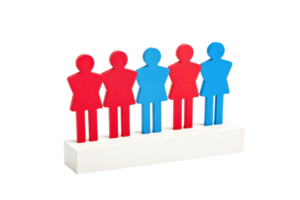 A group of stylized figures in red and blue, representing diversity and inclusion, mounted on a rectangular base. png
