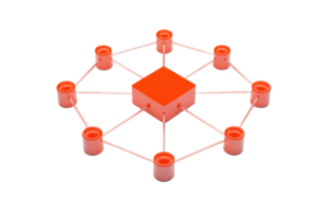 A network structure featuring a central orange cube connected to multiple smaller orange cylinders by lines. png