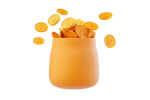 A ceramic pot filled with golden coins, overflowing with a few coins scattered around it. png