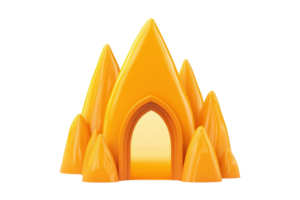 A stylized, orange mountain structure featuring multiple peaks and an archway in the center. png