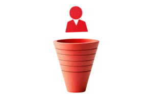 A red, conical planter with horizontal stripes, topped by a small red figure resembling a person. png