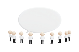 A group of stylized figures gathered together, with one figure positioned to speak or convey a message within a speech bubble. png