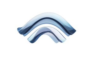 Abstract blue metal arc symbol with shiny finish and three-dimensional perspective on transparent background. png
