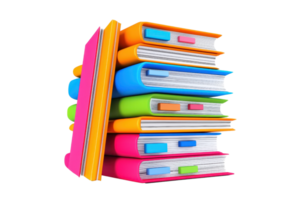 A vibrant stack of colorful notebooks arranged neatly, showcasing various hues and tabs on the spines. png