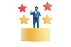 A confident figure in a blue suit stands atop a yellow podium, surrounded by red and yellow stars, symbolizing achievement and recognition. png