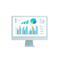 A computer monitor displays colorful data visualizations, including bar charts, line graphs, and a pie chart, showcasing statistical information. png