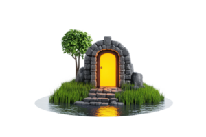 A mystical stone doorway with a glowing yellow entrance, surrounded by lush grass and a small tree, situated on a serene water surface. png