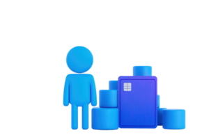 A blue figure stands beside a stack of blue cylinders and a rectangular blue object. png