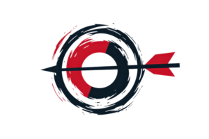 Abstract logo design featuring a stylized target with an arrow, combining red and black colors. Symbolizes focus and precision. png