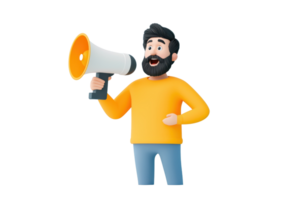 A cartoon man in a yellow sweater enthusiastically holds a megaphone, conveying a message with a lively expression. png