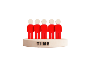 A group of five red figures stands on a platform labeled TIME, symbolizing the concept of time management or the importance of time. png
