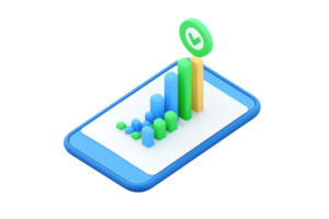 A smartphone displays a colorful bar graph with various data points, indicating growth and analytics. png