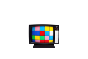 A retro television displaying a colorful grid of squares in various vibrant colors. png
