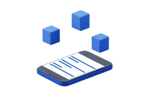 A smartphone displaying text with three blue cubes above it, suggesting data interaction or organization. png