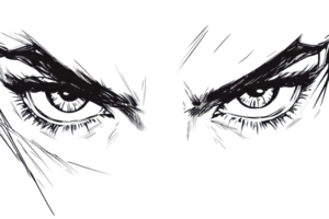 Abstract sketch of intense eyes with bold lines, capturing an expression of determination and focus in a mysterious, artistic style. png