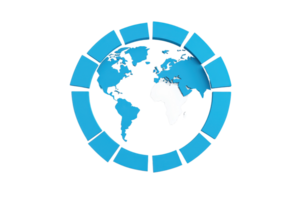 A stylized globe featuring continents in blue, surrounded by a circular design with blue segments. png