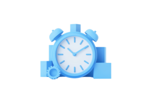 A blue alarm clock with prominent features and a round face, showcasing clear hour markers and a gear, symbolizing time management. png