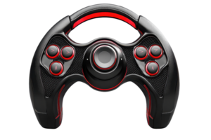Close-up of a black and red gaming steering wheel controller, featuring multiple buttons, isolated on a transparent background. png