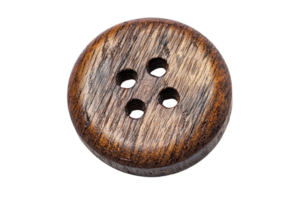 Close-up of a rustic wooden button with four holes, showcasing natural textures and earthy tones, isolated on a transparent background. png