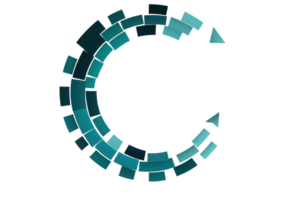 Abstract digital logo with circular geometric pattern featuring gradient shades of teal, representing modern technology and innovation. png