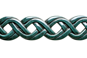 A detailed Celtic knot pattern in green, showcasing intricate looping designs, symbolizing eternity and interconnectedness in a decorative style. png