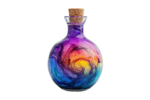 A vibrant, swirling mix of colors in a glass potion bottle, creating a magical and mystical visual effect against a transparent background. png