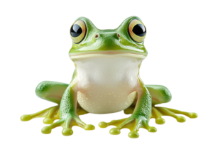 Close-up of a vibrant green tree frog with expressive eyes, isolated on a transparent background showcasing its smooth skin and unique features. png