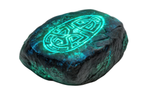 A mystical glowing stone with an intricate rune pattern emits an enchanting bluish-green light, evoking a sense of magic and ancient mystery. png