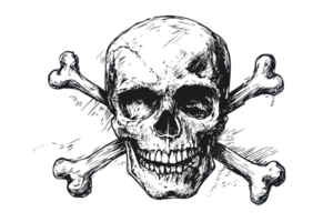 Black and white grunge skull and crossbones illustration, symbolizing danger and piracy with artistic texture on a transparent background. png