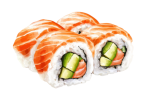 Close-up of fresh sushi rolls with salmon and cucumber, showcasing vibrant colors and delicate textures. Perfect for sushi enthusiasts. png