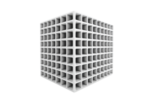 Abstract 3D cube with hollow square pattern. Geometric shape with grid layout, creating a modern and futuristic design. Minimalistic art concept. png