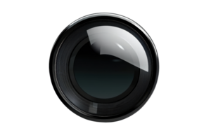 Close-up view of a professional camera lens, showcasing intricate details and reflective surface, ideal for photography and technology themes. png
