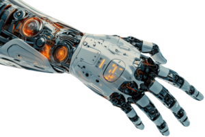 Close-up of a futuristic robotic hand with intricate mechanics, showcasing advanced technology and innovation in engineering. png