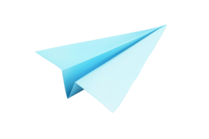 Blue paper plane soaring in the air, symbolizing creativity, freedom, and imagination in a minimalist design against a transparent background. png