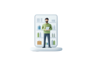 A cartoon character stands inside a refrigerator, holding a tablet, surrounded by various bottles and containers. png