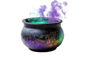 A mystical cauldron with swirling colorful smoke emanating, creating an enchanting and magical atmosphere perfect for fantasy themes. png