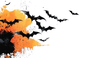Abstract Halloween themed background with flying bats and splashes of orange and black, perfect for festive and spooky design projects. png
