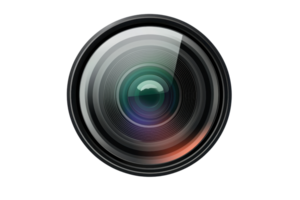 Close-up of a camera lens with reflections, showcasing precision engineering and modern technology in photography equipment. png