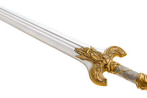 Elegant sword with a detailed golden hilt, representing medieval craftsmanship and historical weaponry. Perfect for fantasy or history themes. png