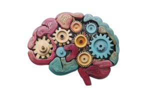 Colorful brain model with gears symbolizing creativity, innovation, and mental processes. Perfect for ideas and cognitive themes. png