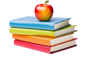 Colorful stacked books with a red apple on top, symbolizing education, knowledge, and learning. Perfect for educational themes. png
