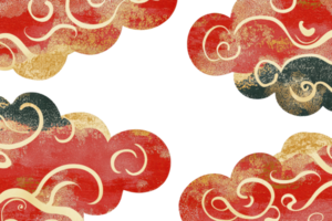 Elegant traditional oriental clouds in vibrant red and gold on a transparent background, showcasing intricate swirling patterns. png
